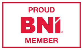 Proud BNI member logo in red and white rectangular frame.