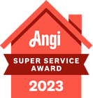 Angi Super Service Award 2023 badge: Red house shape with white text 