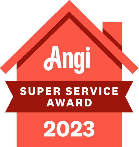 Angi Super Service Award 2023 badge: Red house shape with white text 