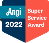 Angi Super Service Award 2022 badge: teal, navy blue, and coral design with 