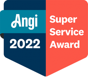 Angi Super Service Award 2022 badge: teal, navy blue, and coral design with 
