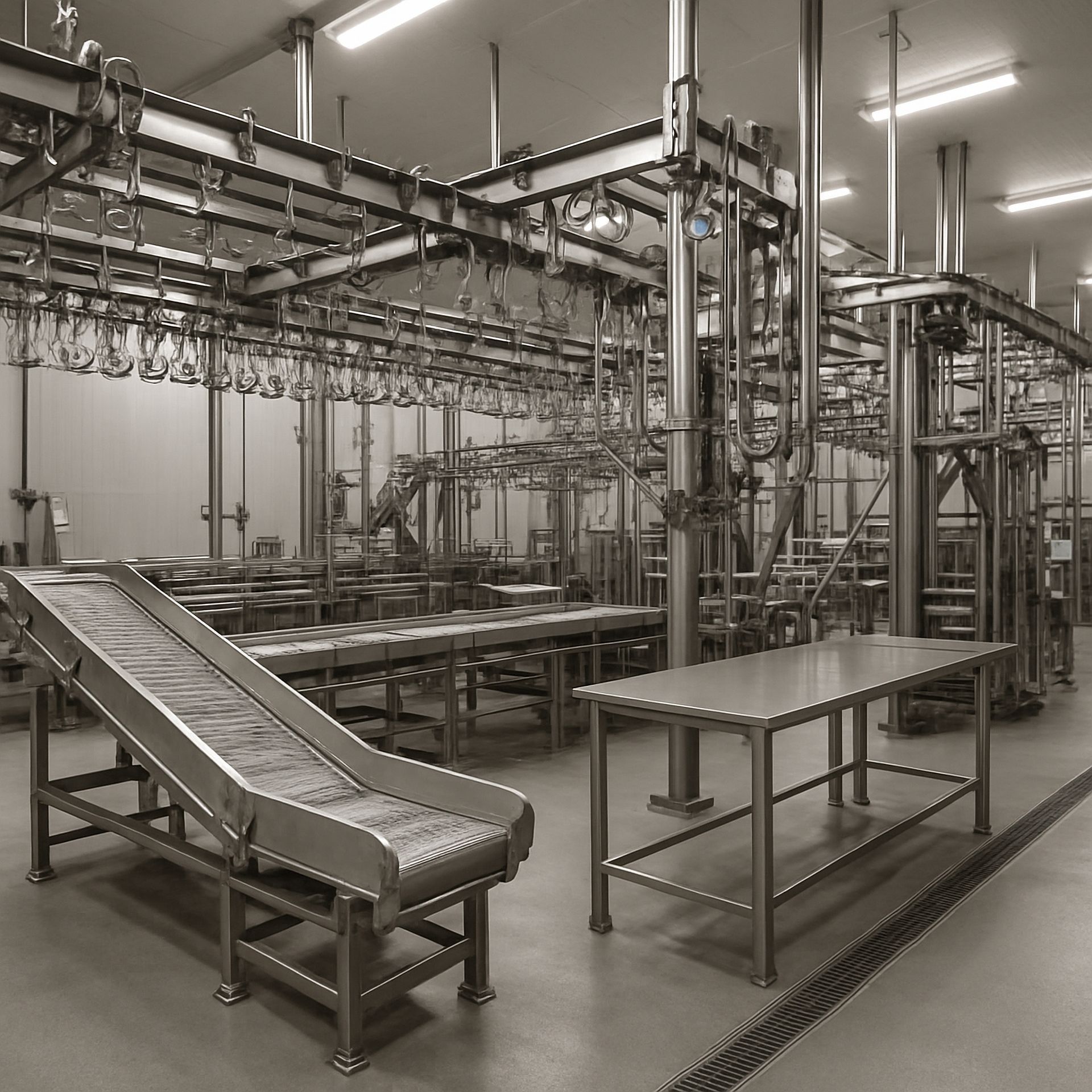 Processing plant interior with conveyor belts and hanging racks; sepia-toned.
