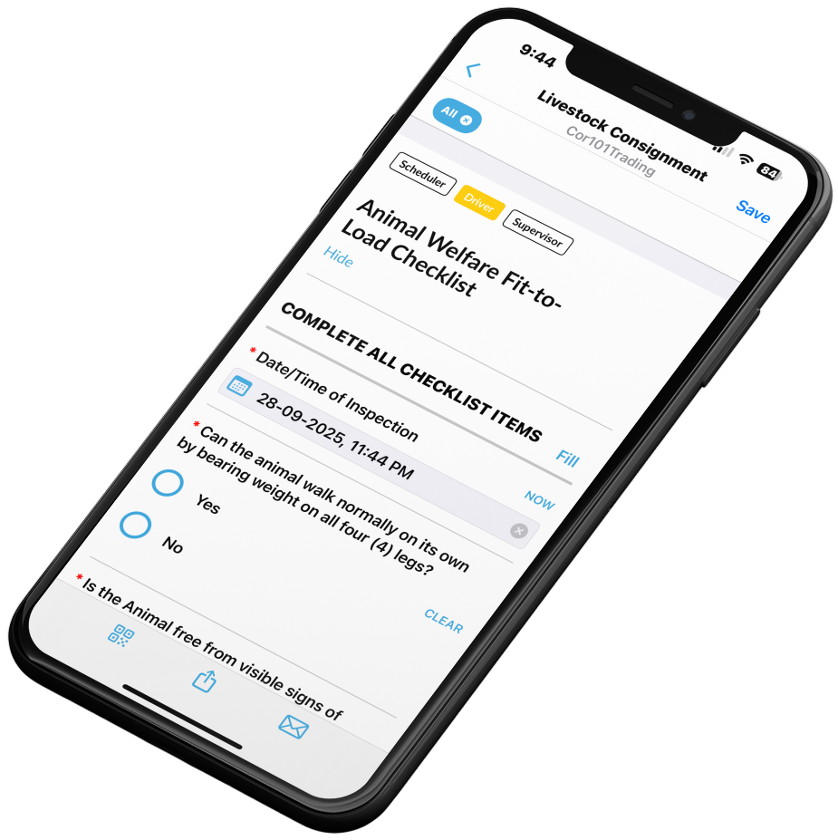Smartphone displaying an animal welfare checklist. The checklist includes questions about the animal's health before loading.
