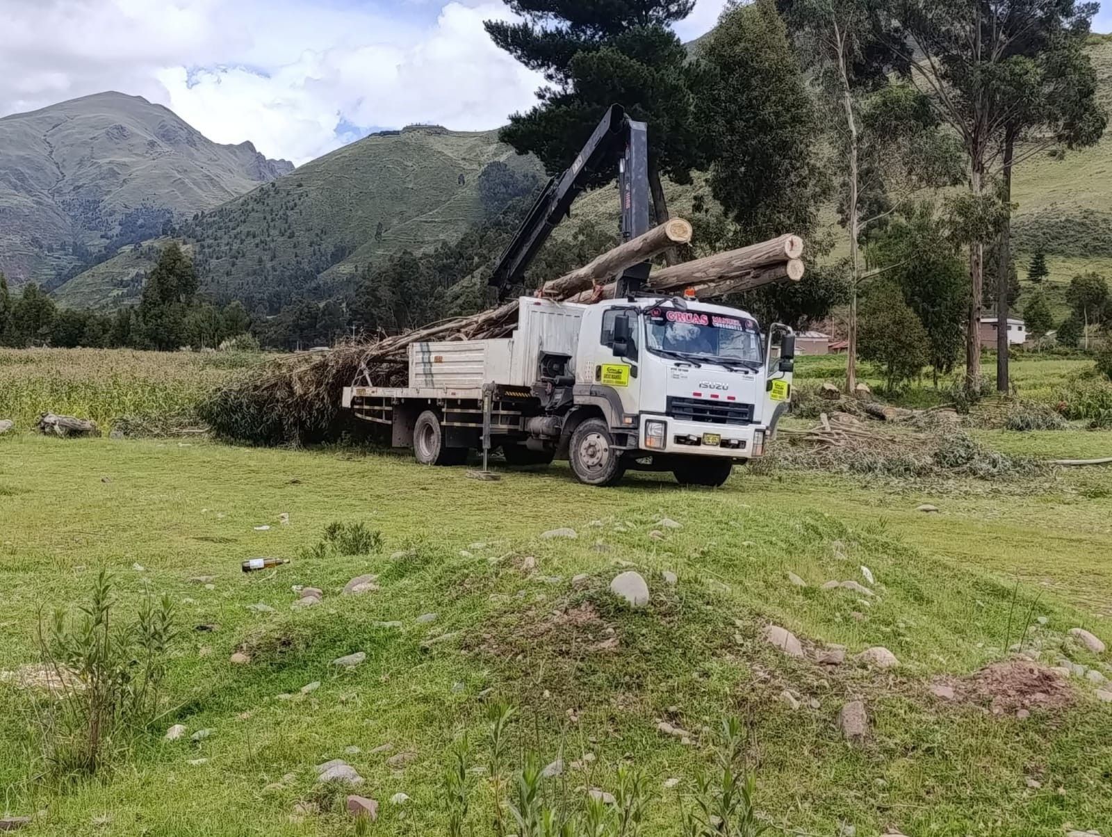 Un camión blanco con una grúa en la parte trasera está estacionado en un campo de hierba.