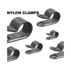 Nylon clamps with a curved saddle and a hole in each flat end.