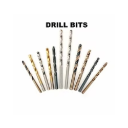 Assorted drill bits in various sizes, arranged in a fan shape.