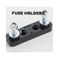 Black fuse holder with two bolts and nuts.