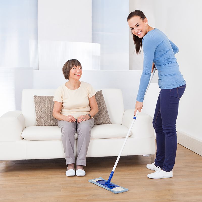 Woman Cleaning Living Room With Elder Woman Woman Cleaning Living Room With Elder Woman