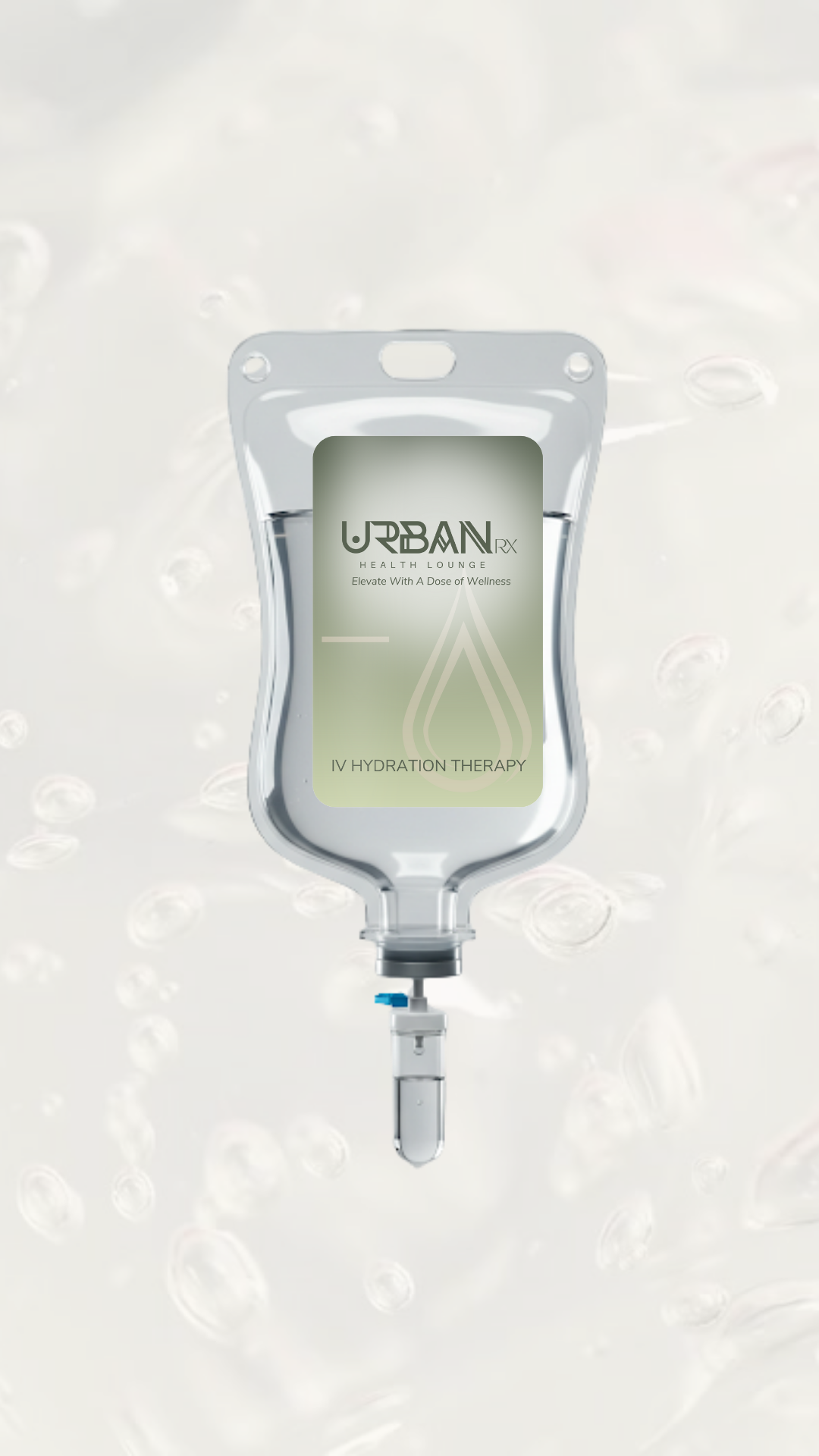 IV Therapy Options A bag of liquid is hanging from a needle on a white background.