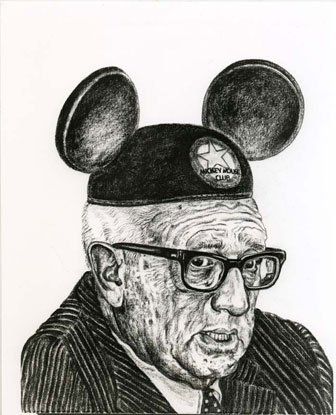 A black and white drawing of a man wearing mickey mouse ears
