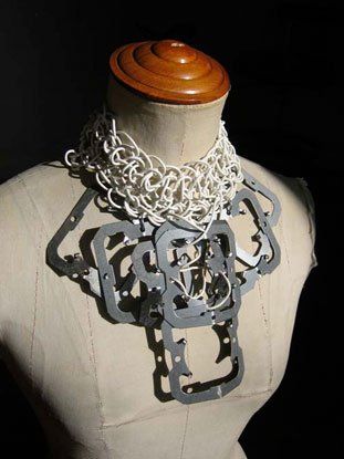 A mannequin is wearing a necklace with a wooden top.