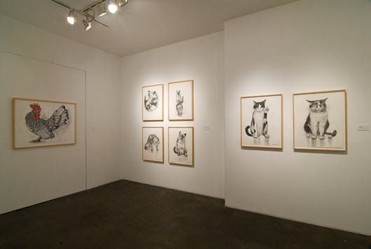 A room with a rooster and a cat on the wall