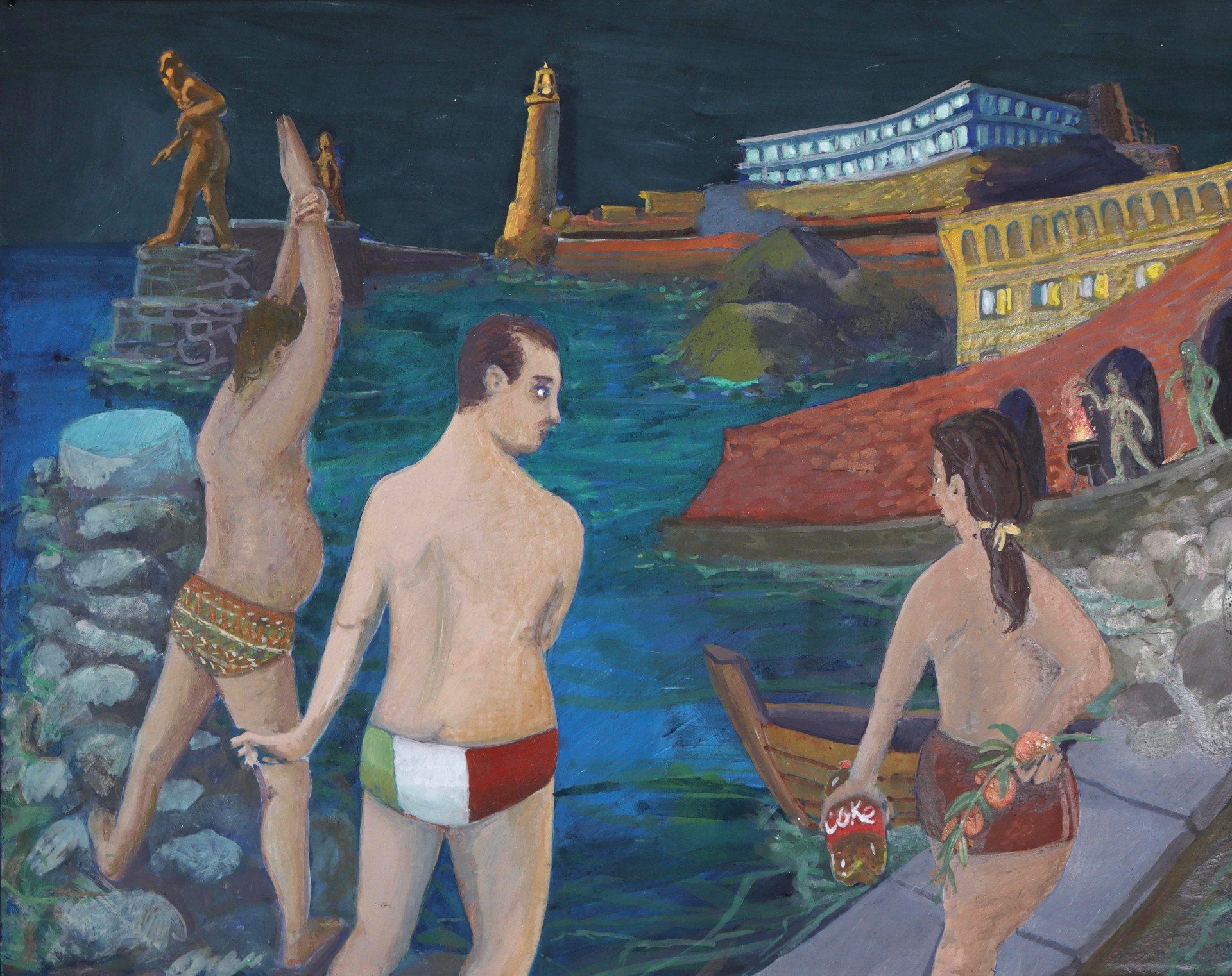 A painting of three men in bathing suits standing next to each other