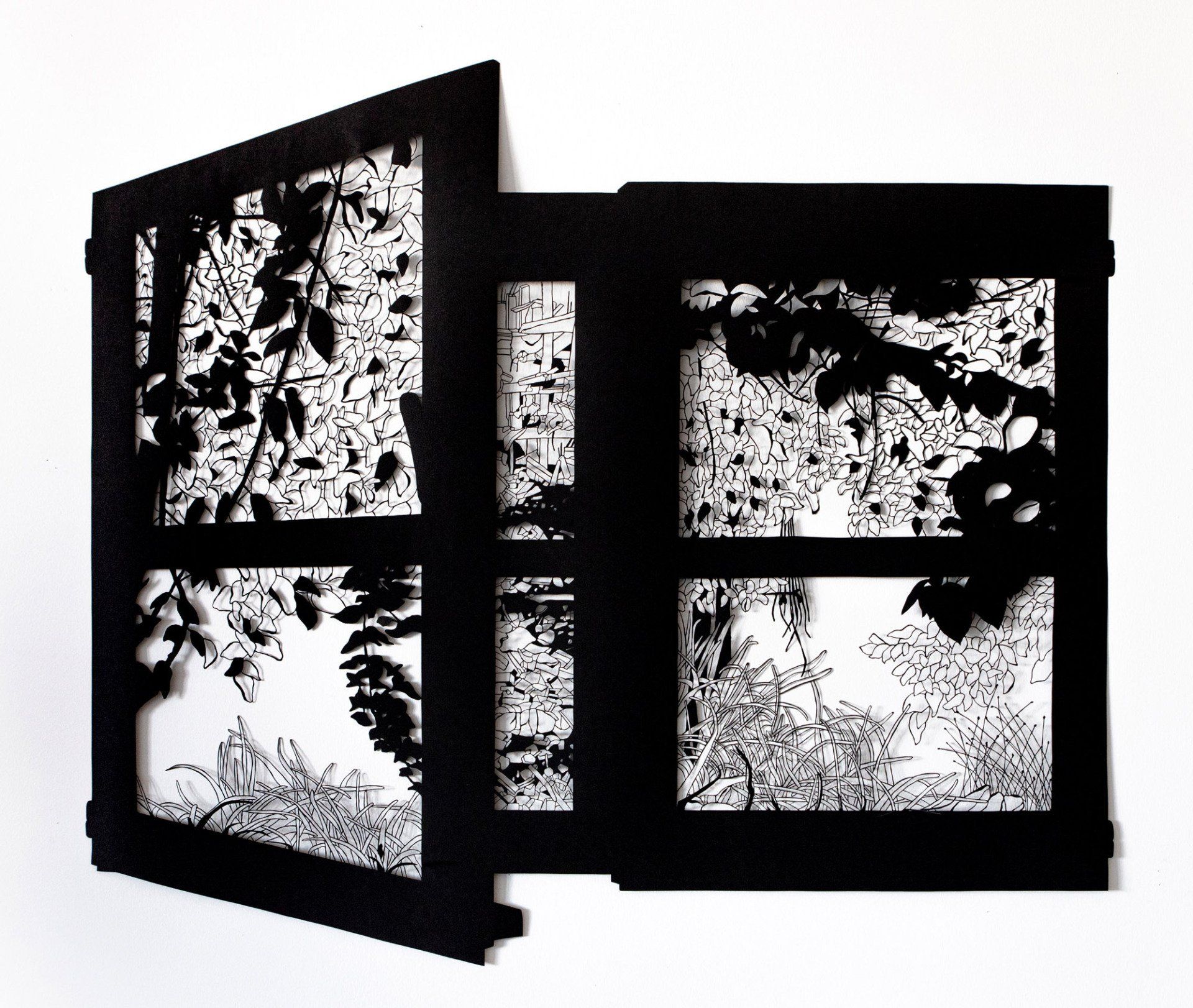 A black and white drawing of a window with trees behind it