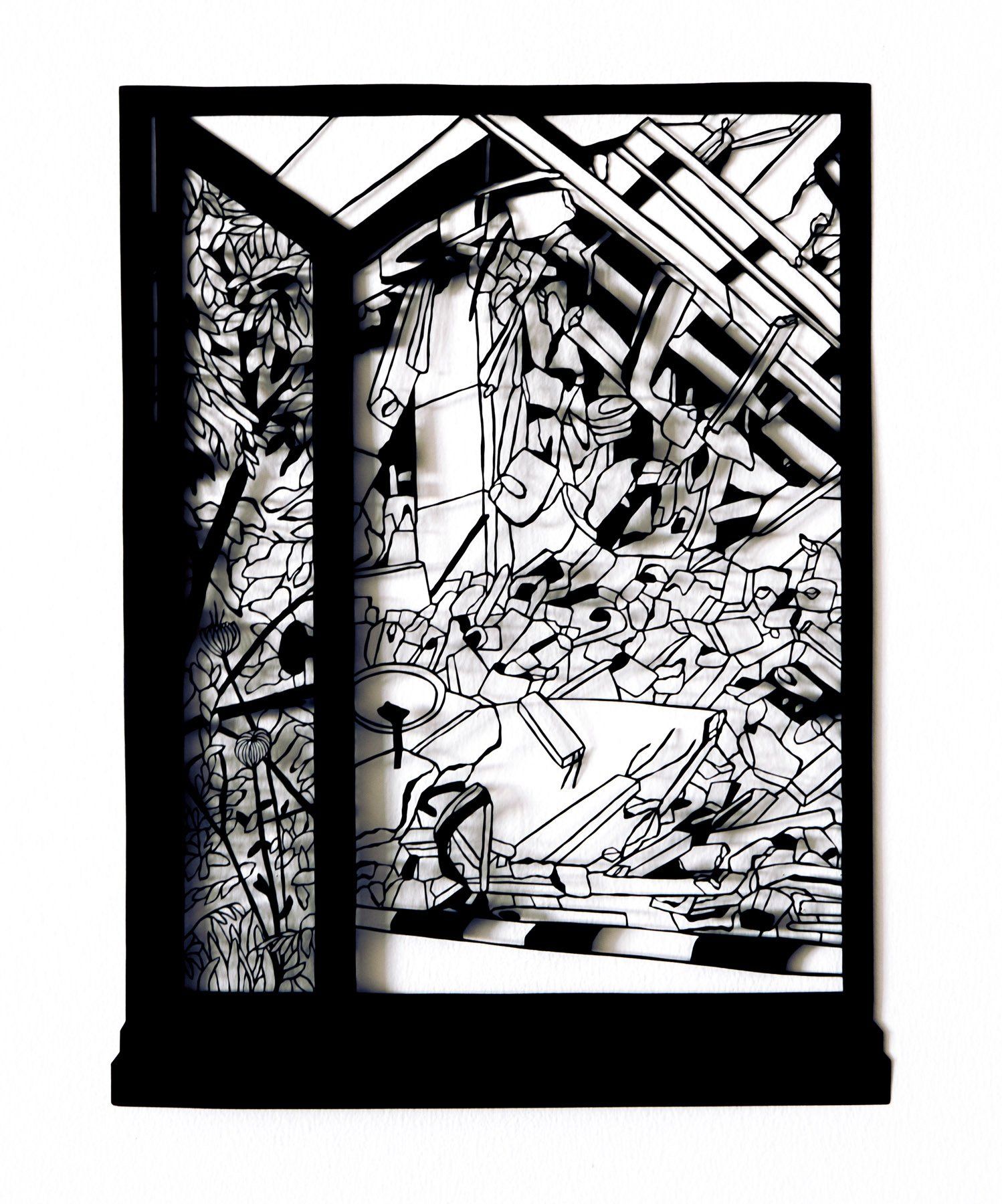 A black and white drawing of a group of people standing in front of a building.