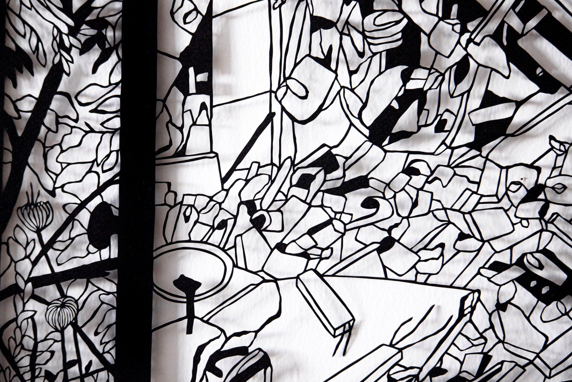 A black and white drawing of a room with a lot of trash on the floor.