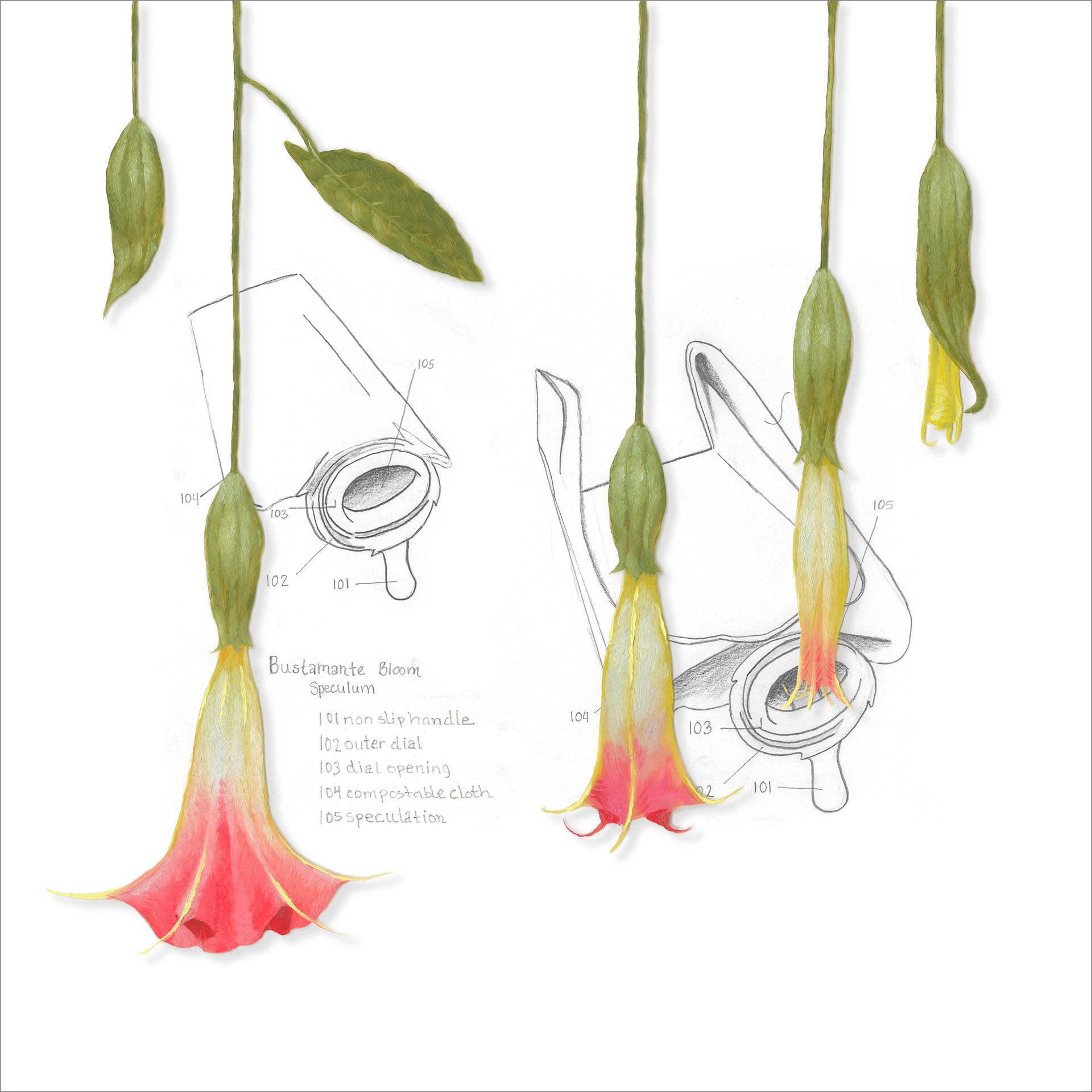 A drawing of a flower hanging from a string