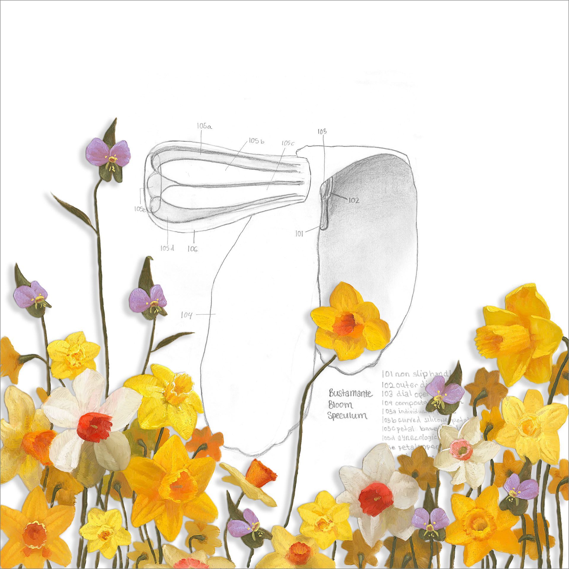 A bunch of yellow and purple flowers on a white background