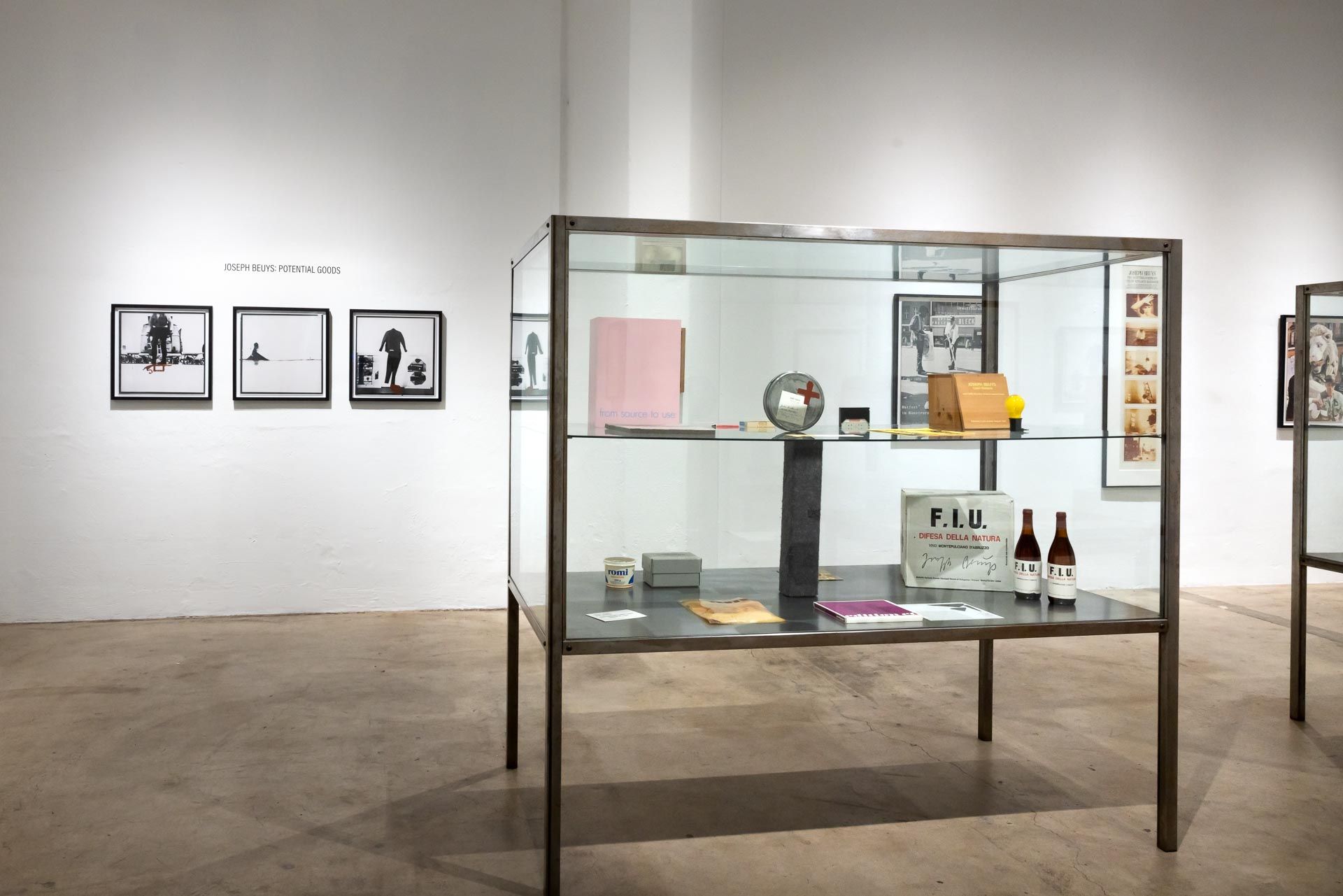 Art gallery display case with assorted objects in a minimalist white room with framed wall art. TRACK 16 | DOWNTOWN LA art exhibition and retrospective of JOSEPH BEUYS titled POTENTIAL GOODS. Sculpture, mixed media and drawings.