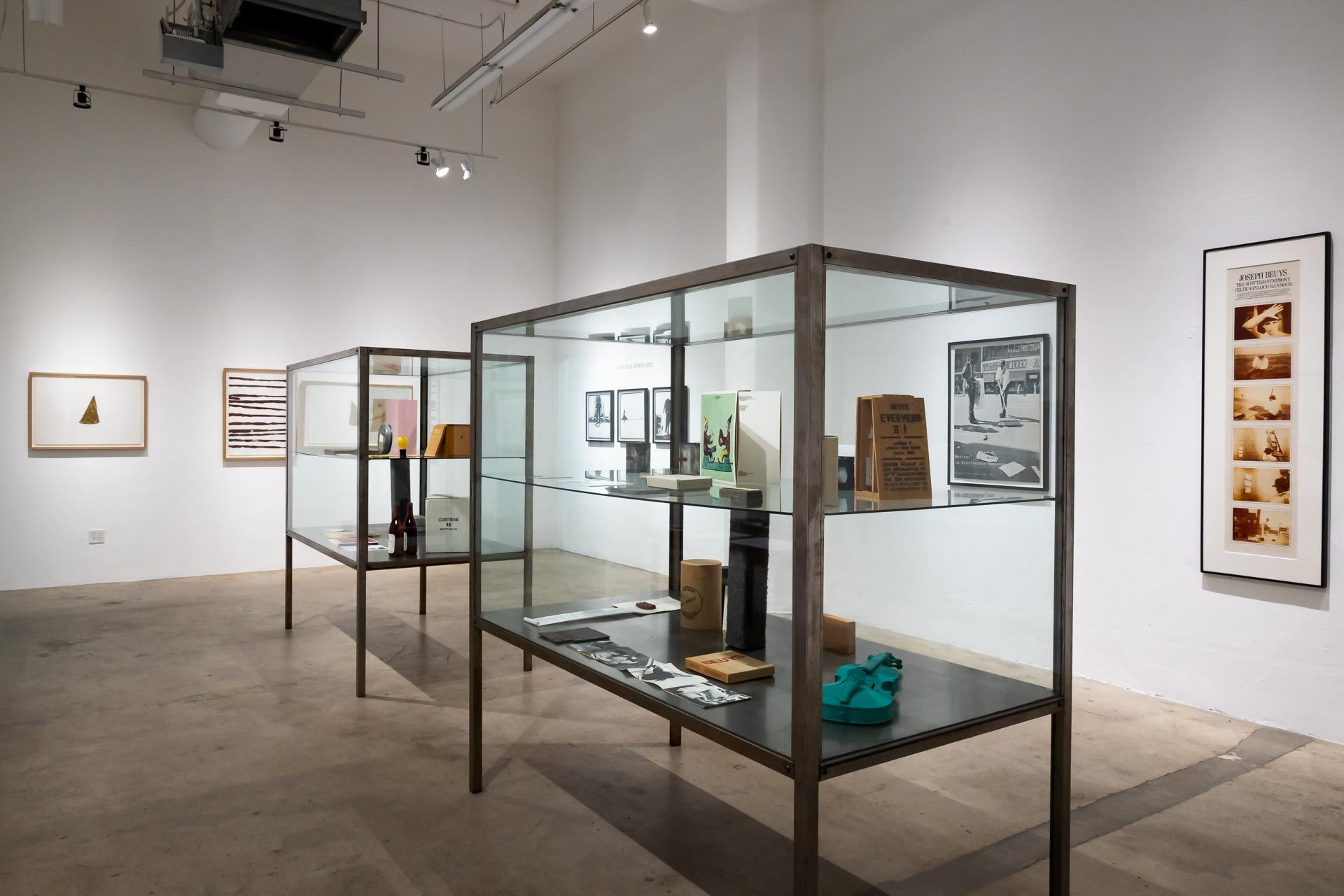 Art gallery with glass display cases and framed artworks on white walls. TRACK 16 | DOWNTOWN LA art exhibition and retrospective of JOSEPH BEUYS titled POTENTIAL GOODS. Sculpture, mixed media and drawings.