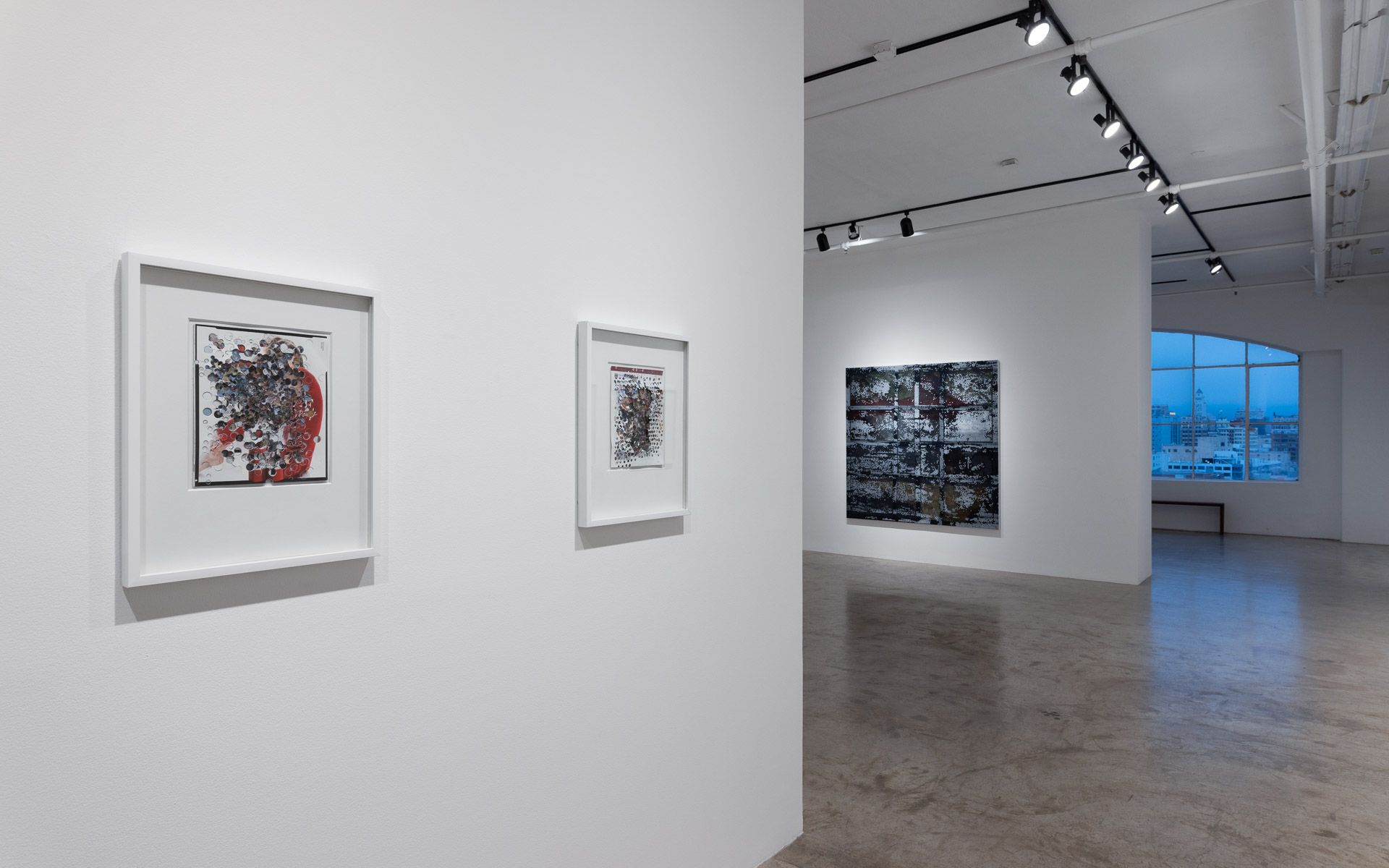 Two small framed works in white frames on a white wall, with a dark panel and tall window at the end of the gallery. Installation view, David Daigle: Trypophobic Panopticons, Track 16.
