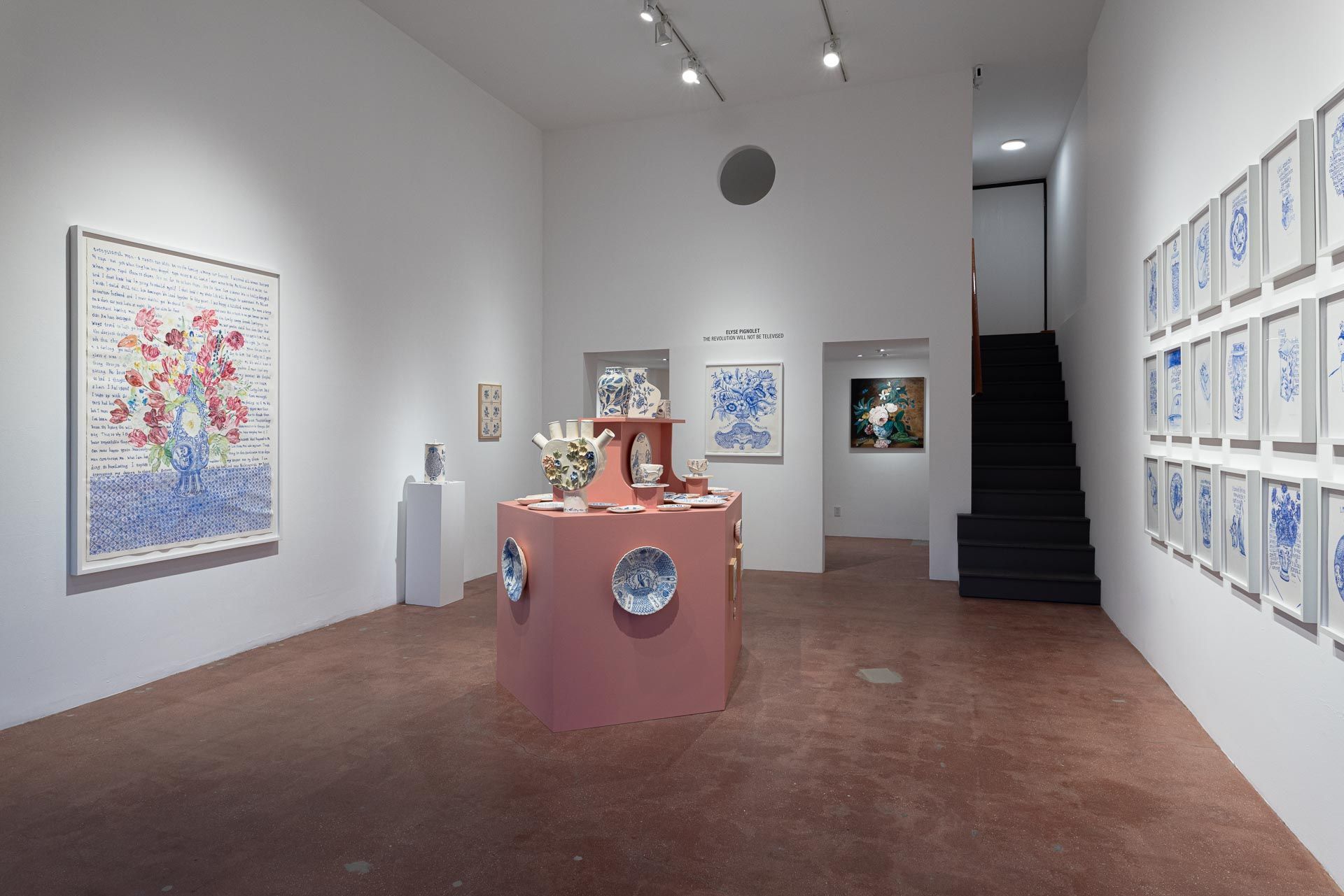 Installation view of Elsye Pignolet's exhibition of ceramics and works on paper.