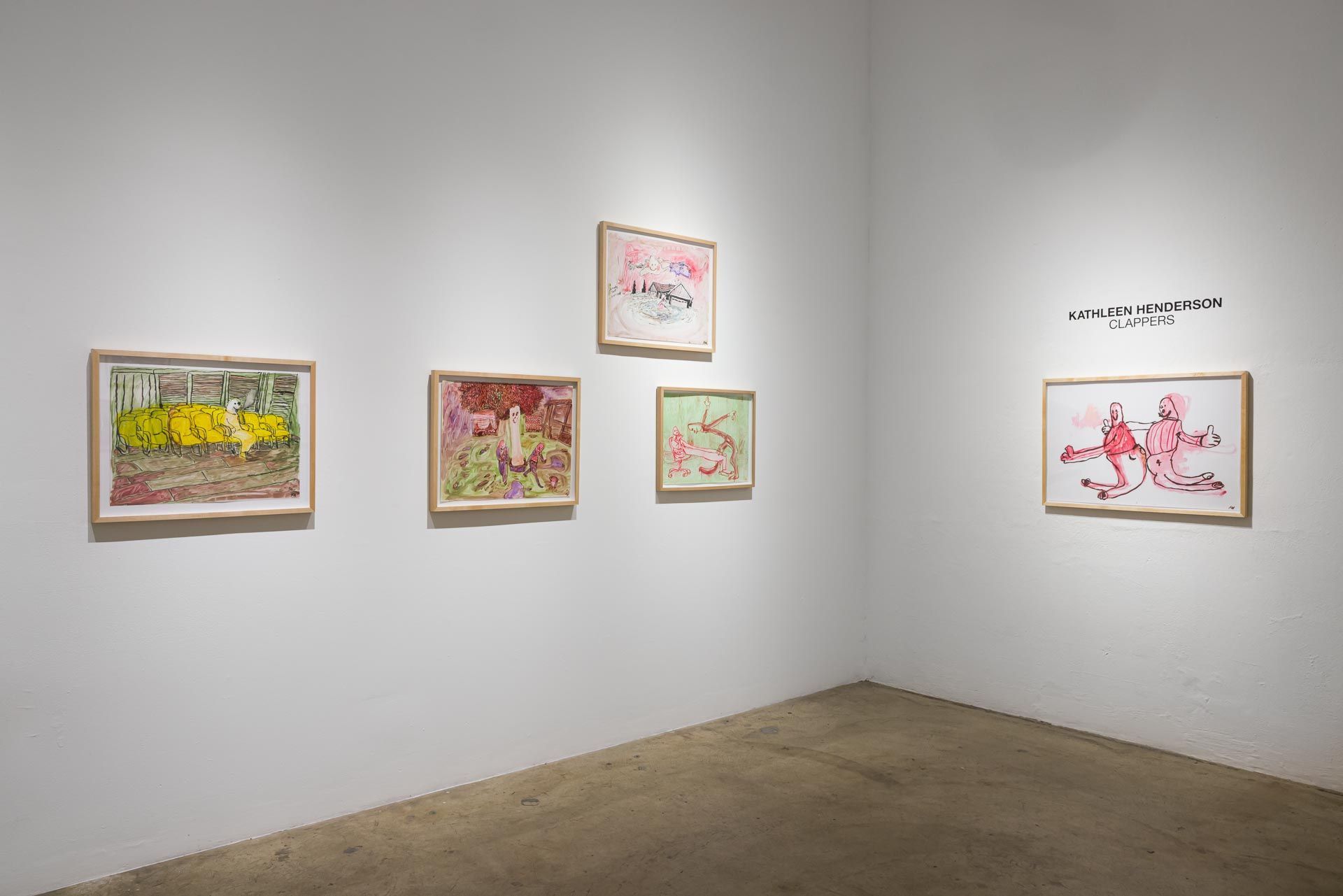 Framed drawings in pink, green and yellow on a white wall, with the pink ghost drawing and title text at right. Installation view, Kathleen Henderson: Clappers, Track 16.