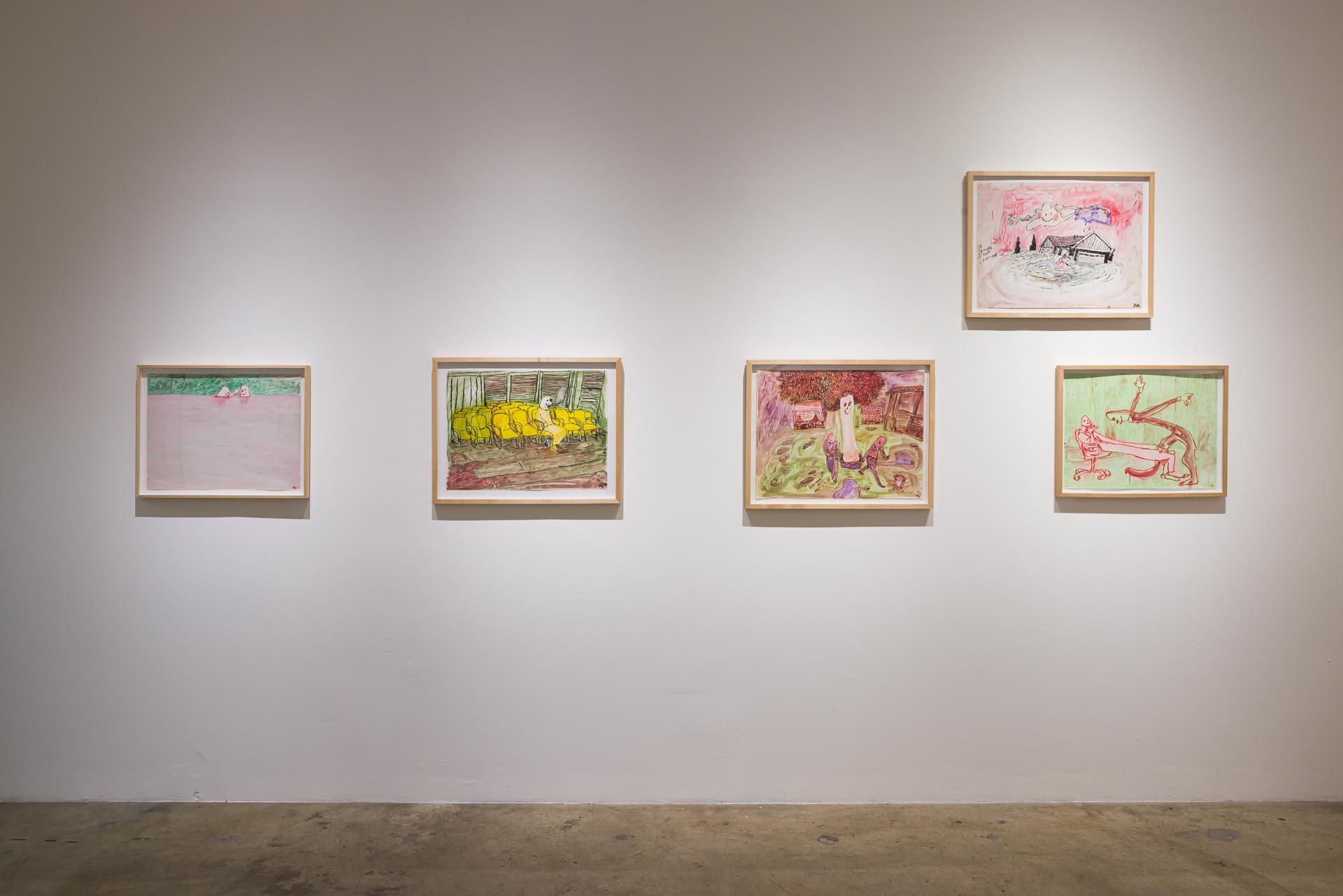 Five wood-framed drawings in a row on a white wall: pale pink, yellow-green, red and green, a gray sketch above. Installation view, Kathleen Henderson: Clappers, Track 16.
