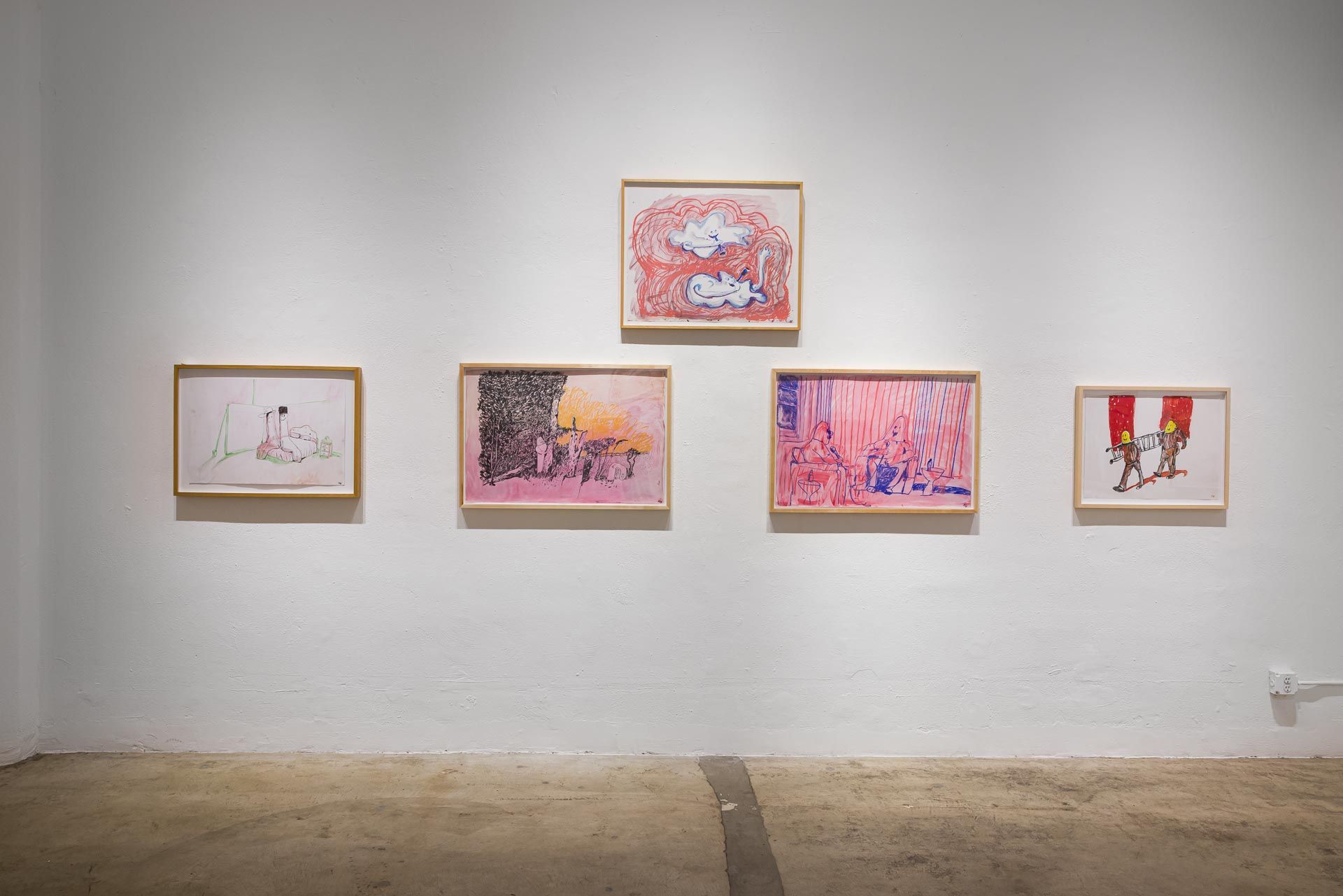 Four wood-framed drawings in pink, orange and red under a larger drawing hung high, on a white wall. Installation view, Kathleen Henderson: Clappers, Track 16.
