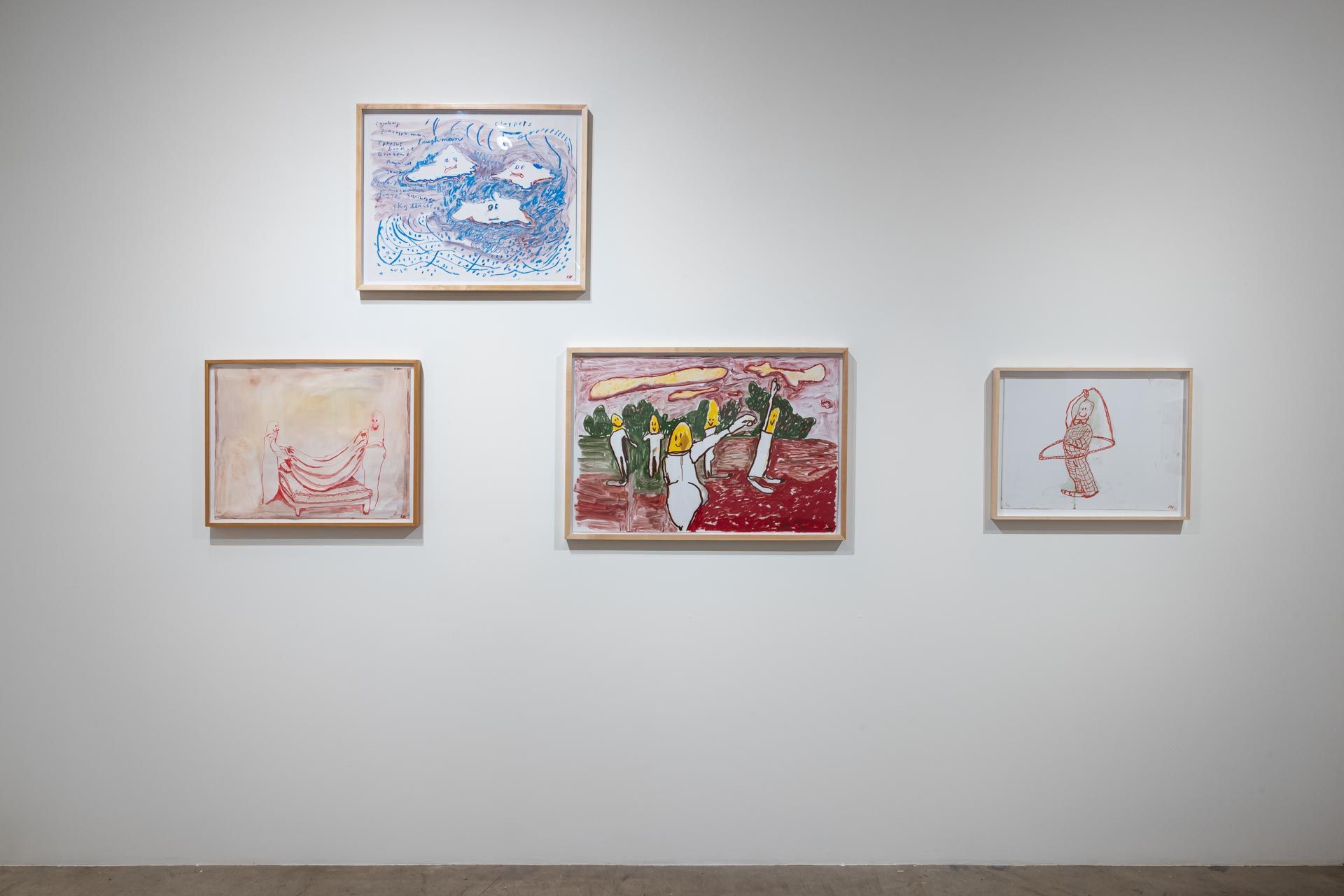 Four framed drawings on a white wall: a blue cloud drawing above, with pink, red-and-green and pale works below. Installation view, Kathleen Henderson: Clappers, Track 16.