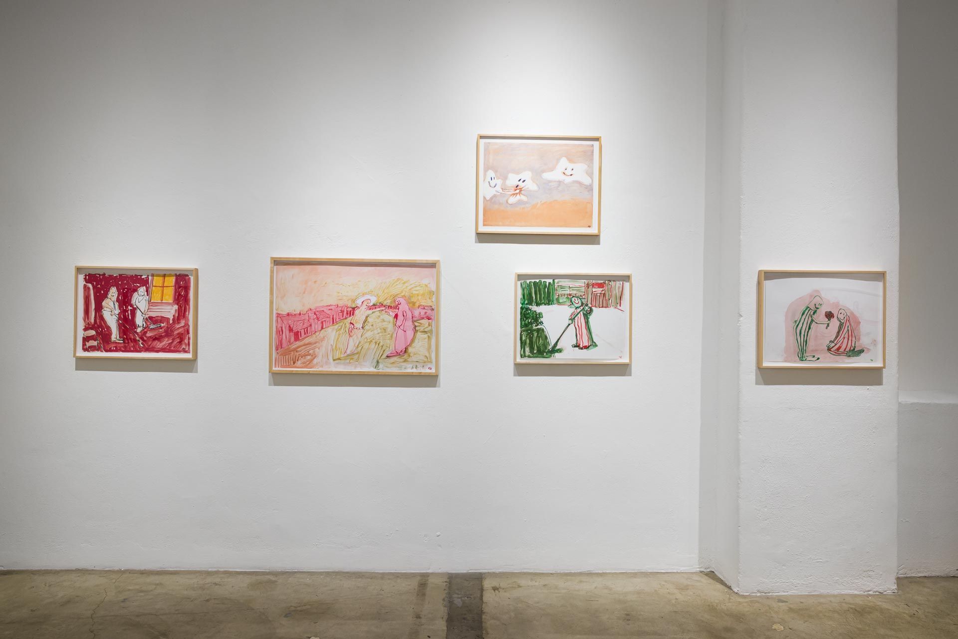Five small framed drawings in red, pink, orange and green hung across a white wall and corner. Installation view, Kathleen Henderson: Clappers, Track 16.