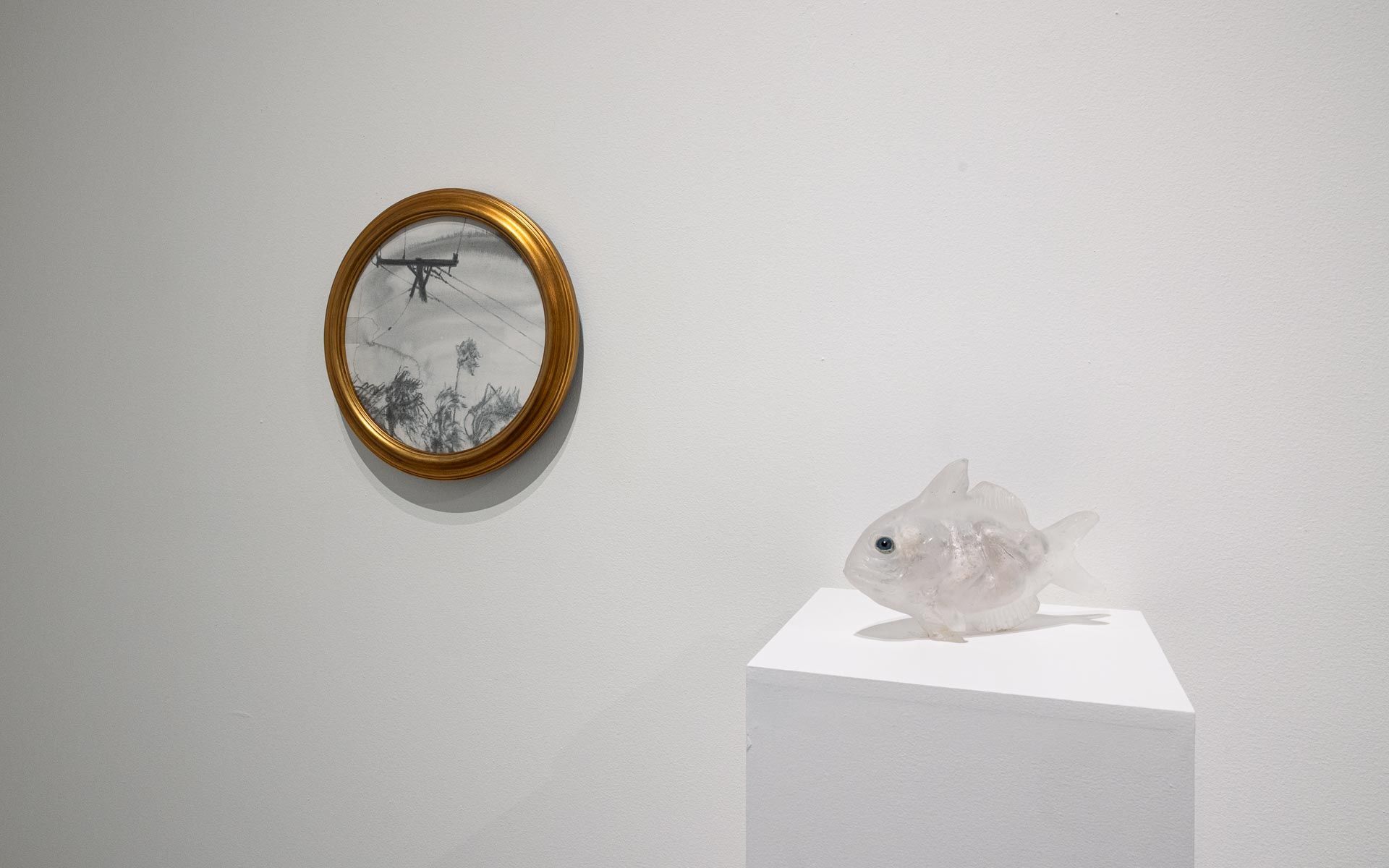 Round gold-framed work on a white wall above a translucent white fish sculpture on a white pedestal. Installation view, My House Burned Down, Track 16.