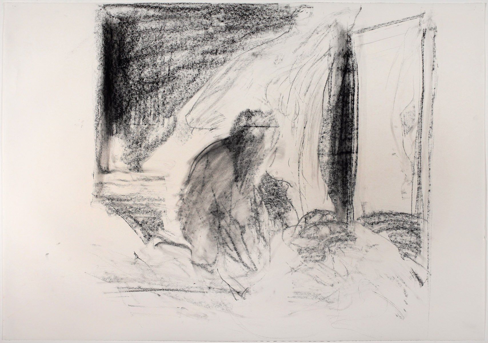 A black and white drawing of a man standing in a room