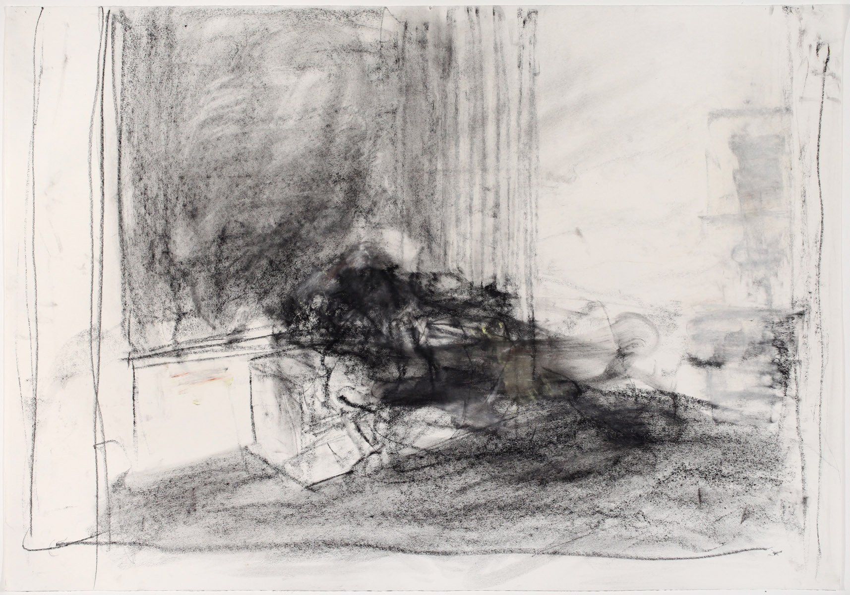 A black and white drawing of a person laying on a bed