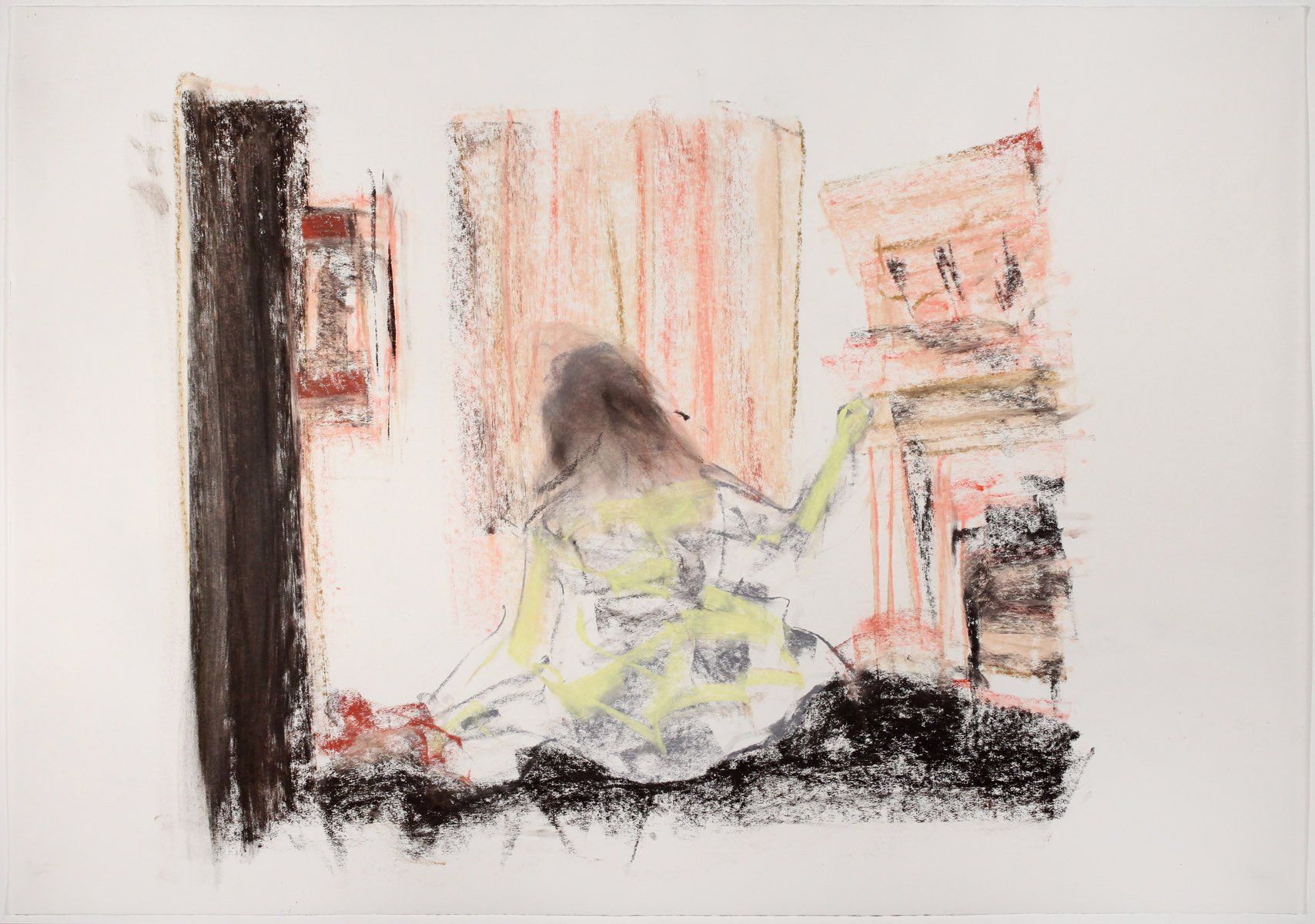 A painting of a woman sitting on the floor in a room.