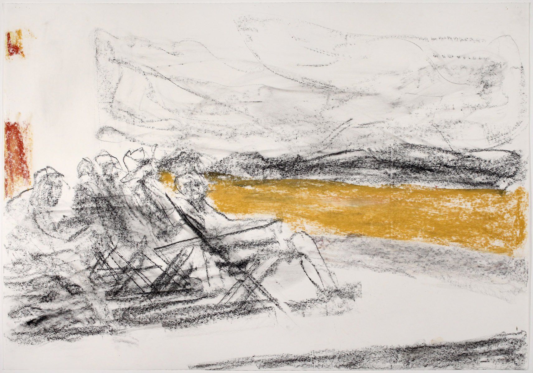 A black and white drawing of two people sitting on a beach.