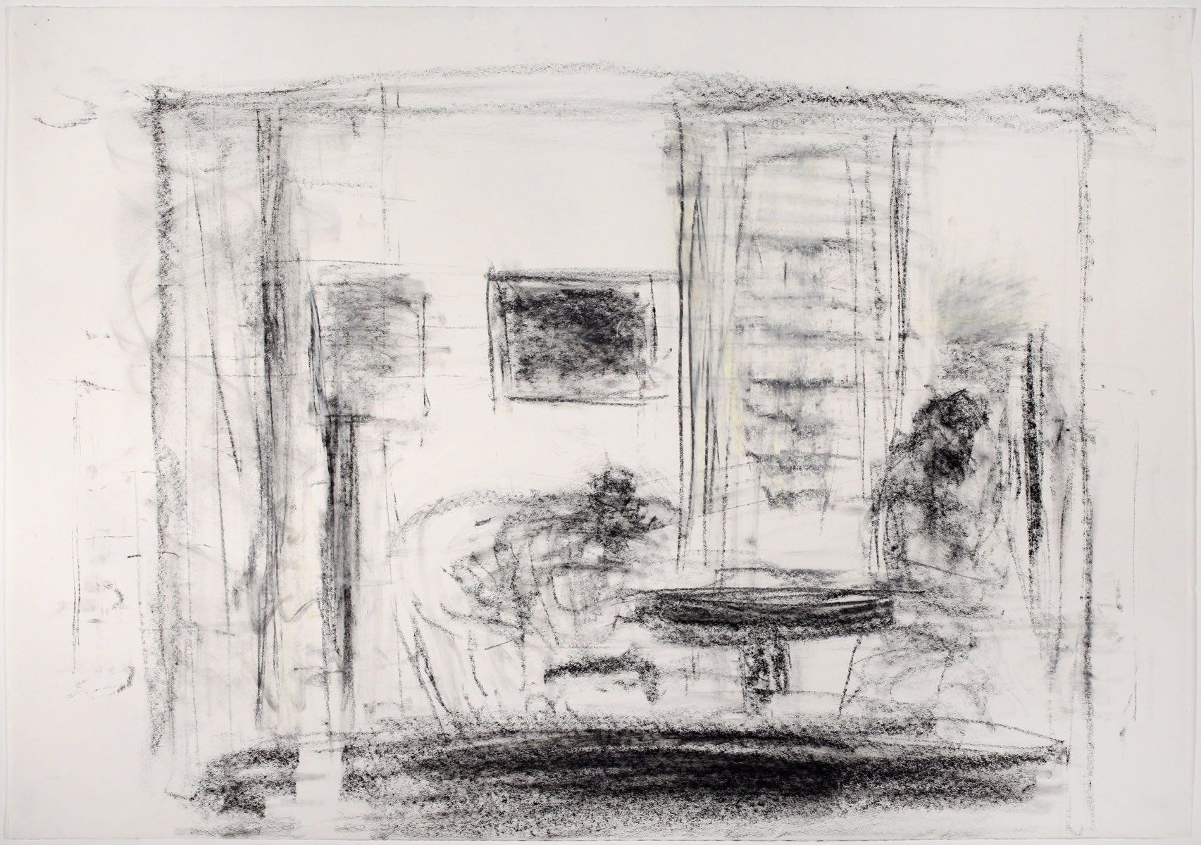 A black and white drawing of a living room with a table and chairs