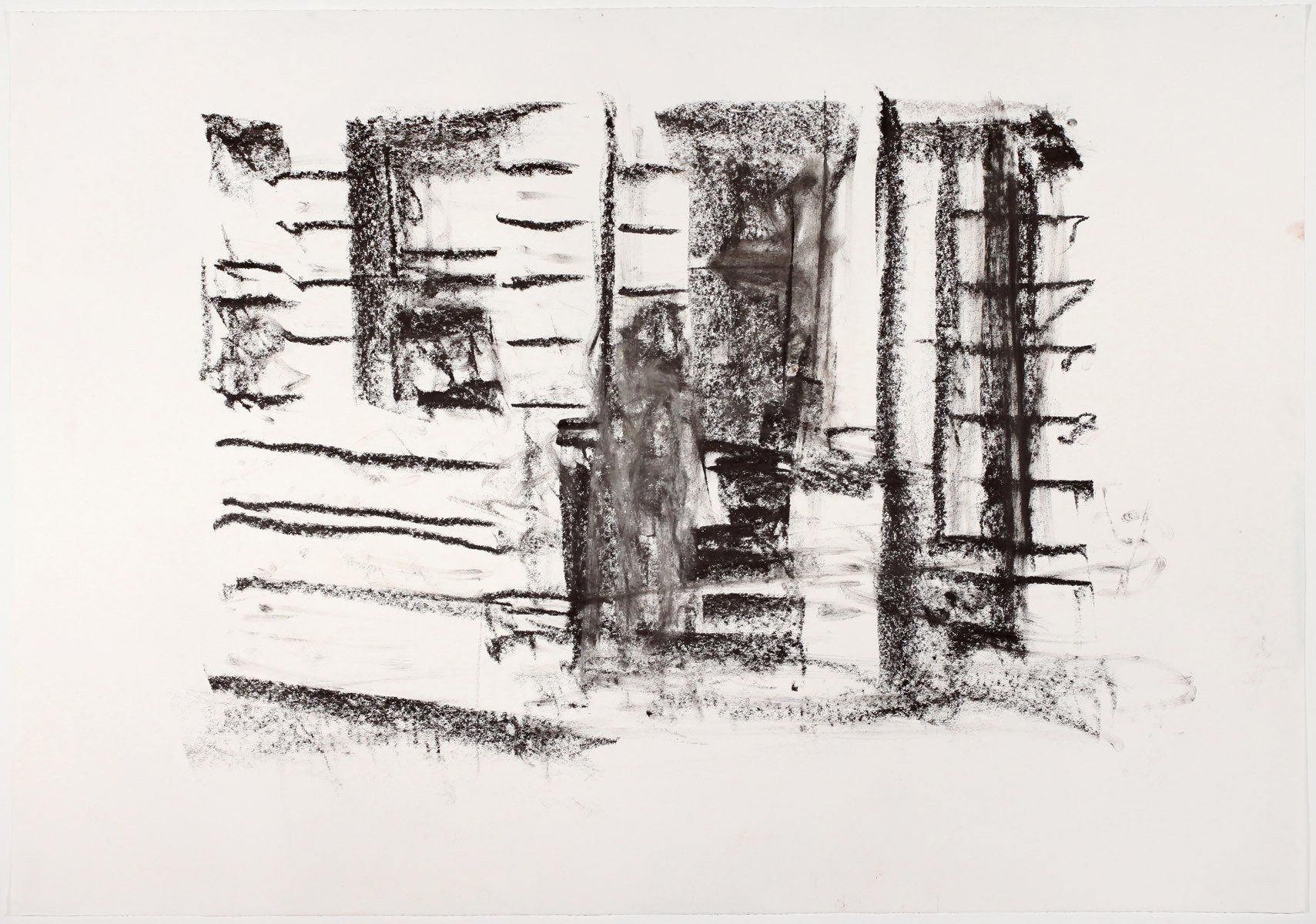 A black and white drawing of a person standing in front of a building.