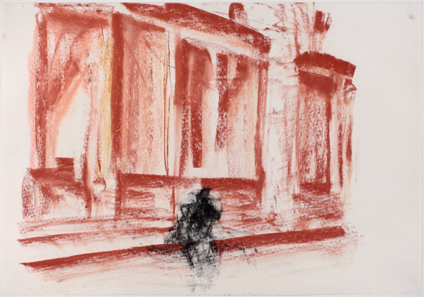 A drawing of a building with a person walking in front of it