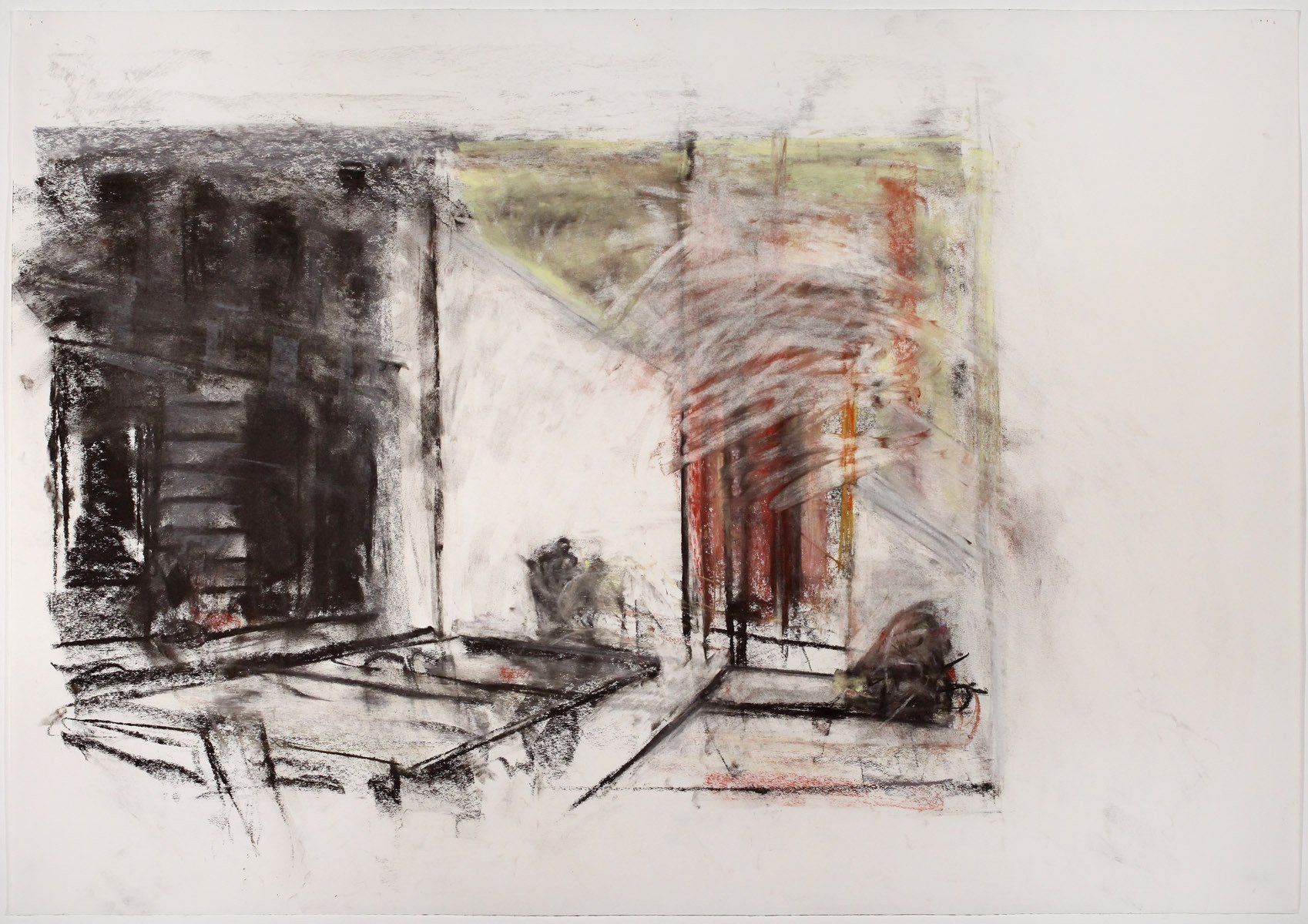 A painting of a building with a staircase and a door