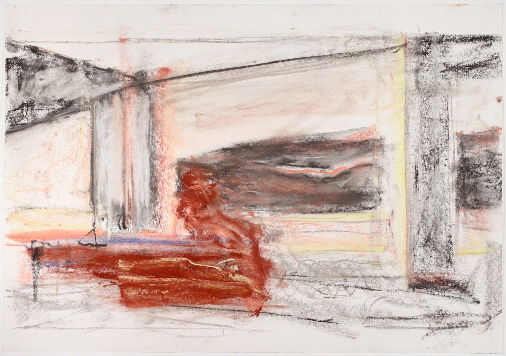 A painting of a person sitting on a bench in a room.