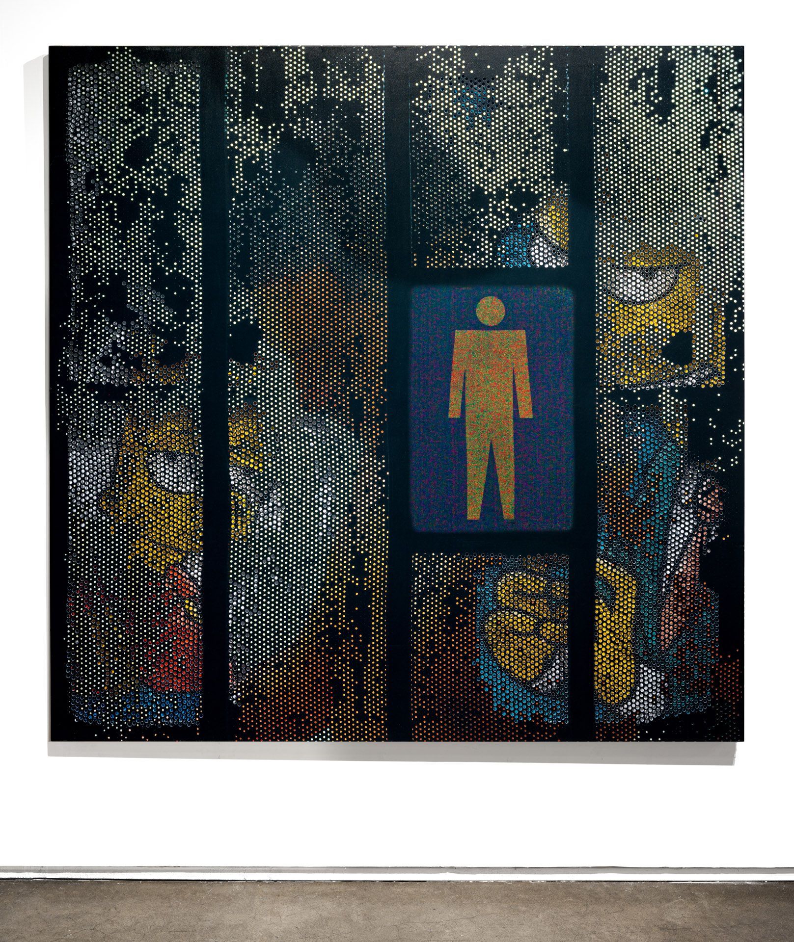 A painting of a man in a cage is hanging on a wall