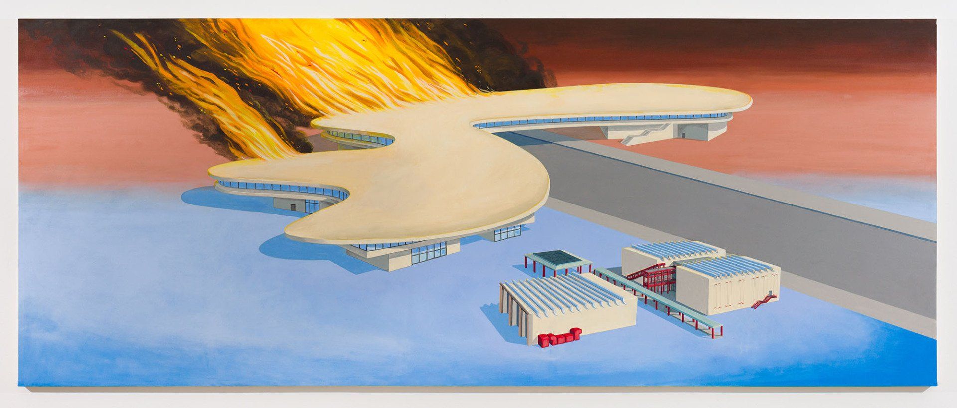 A painting of a building with a fire coming out of it.