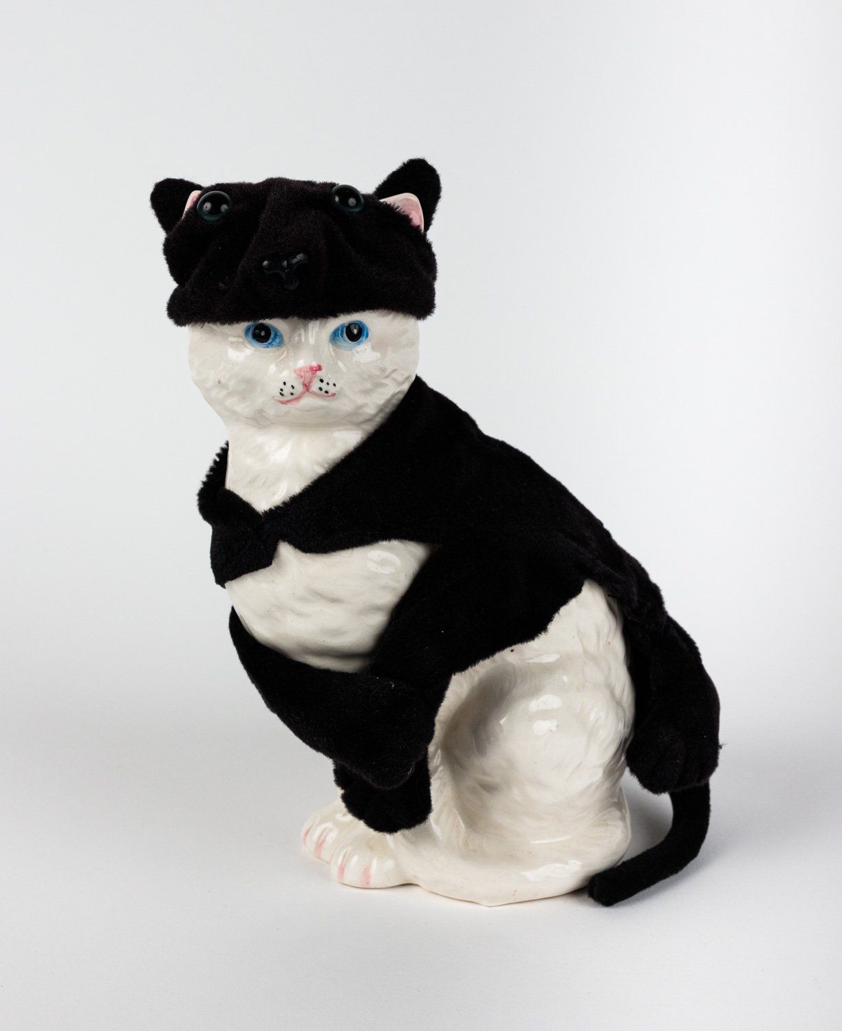 A black and white cat wearing a hat and bow tie