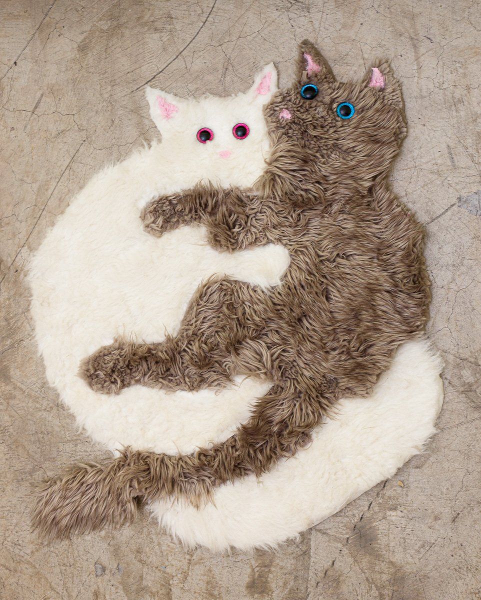 A white and brown cat are hugging each other on a rug.
