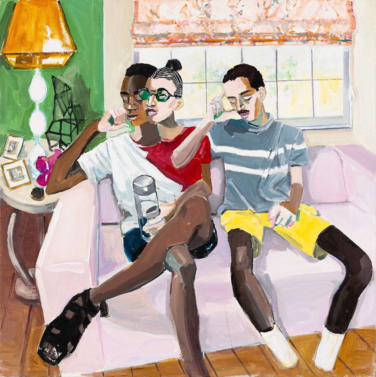 A painting of three people sitting on a couch
