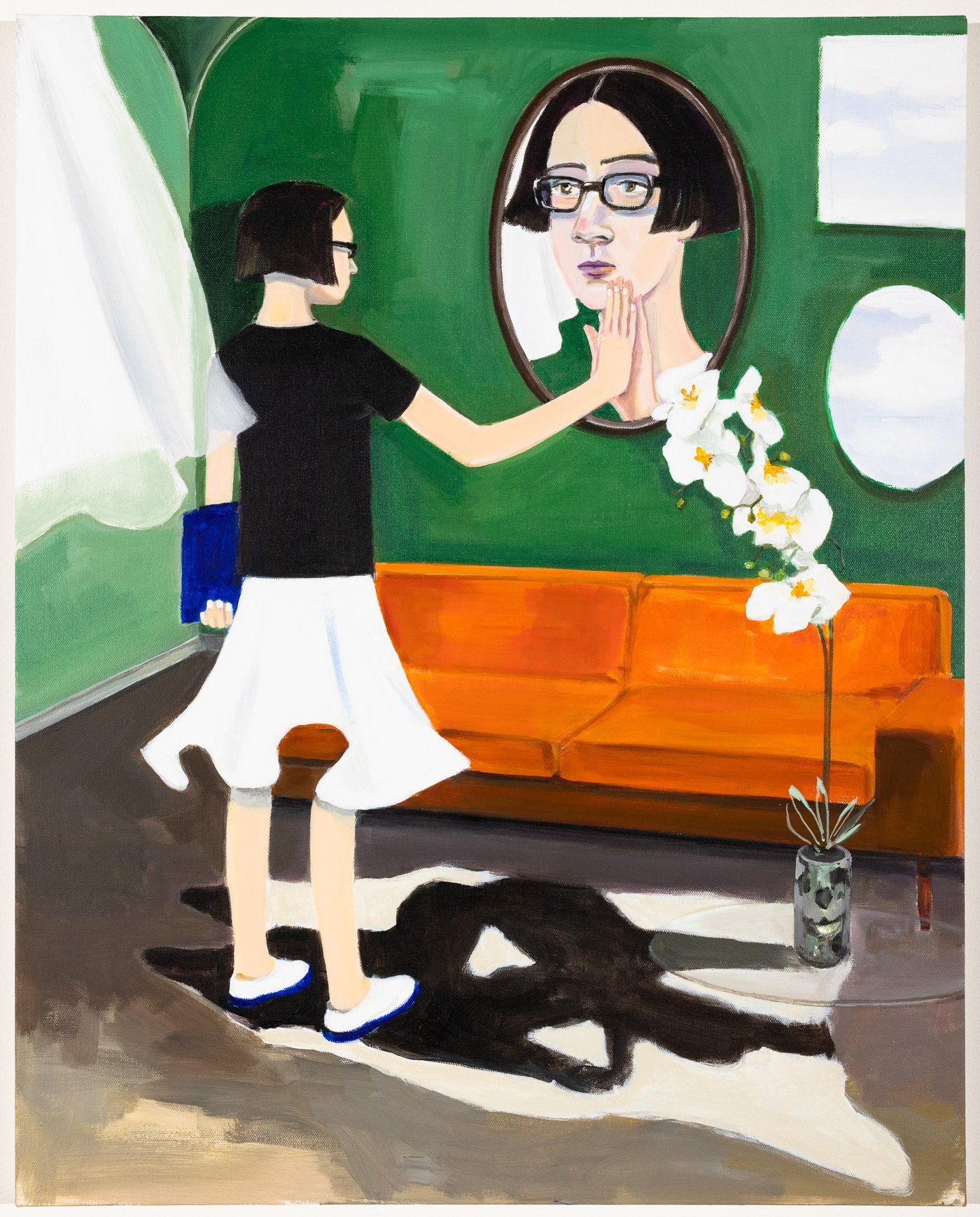 A painting of a woman looking at her reflection in a mirror