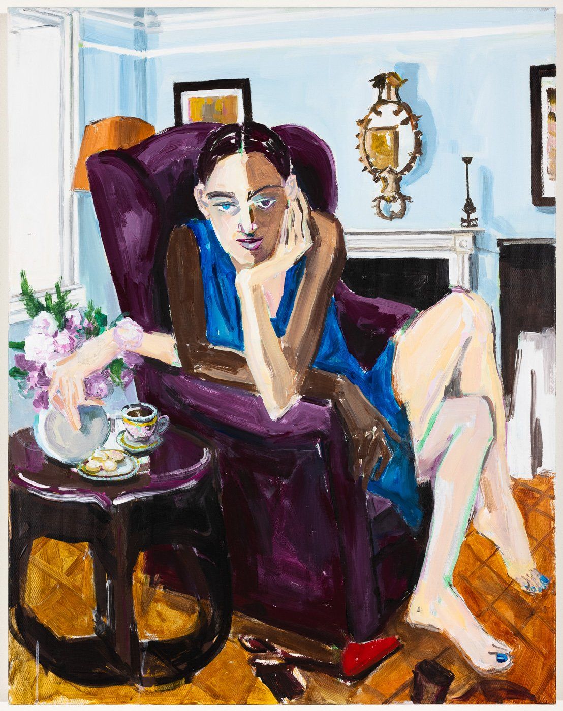 A painting of a woman sitting in a purple chair