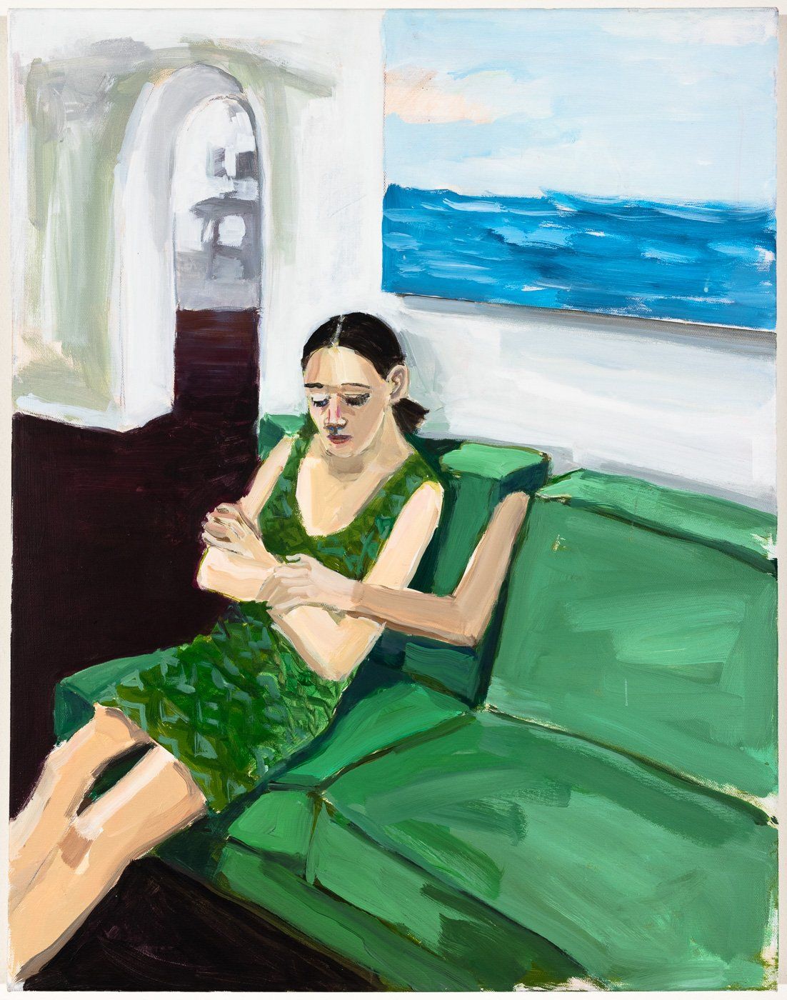 A painting of a woman in a green dress sitting on a green couch.