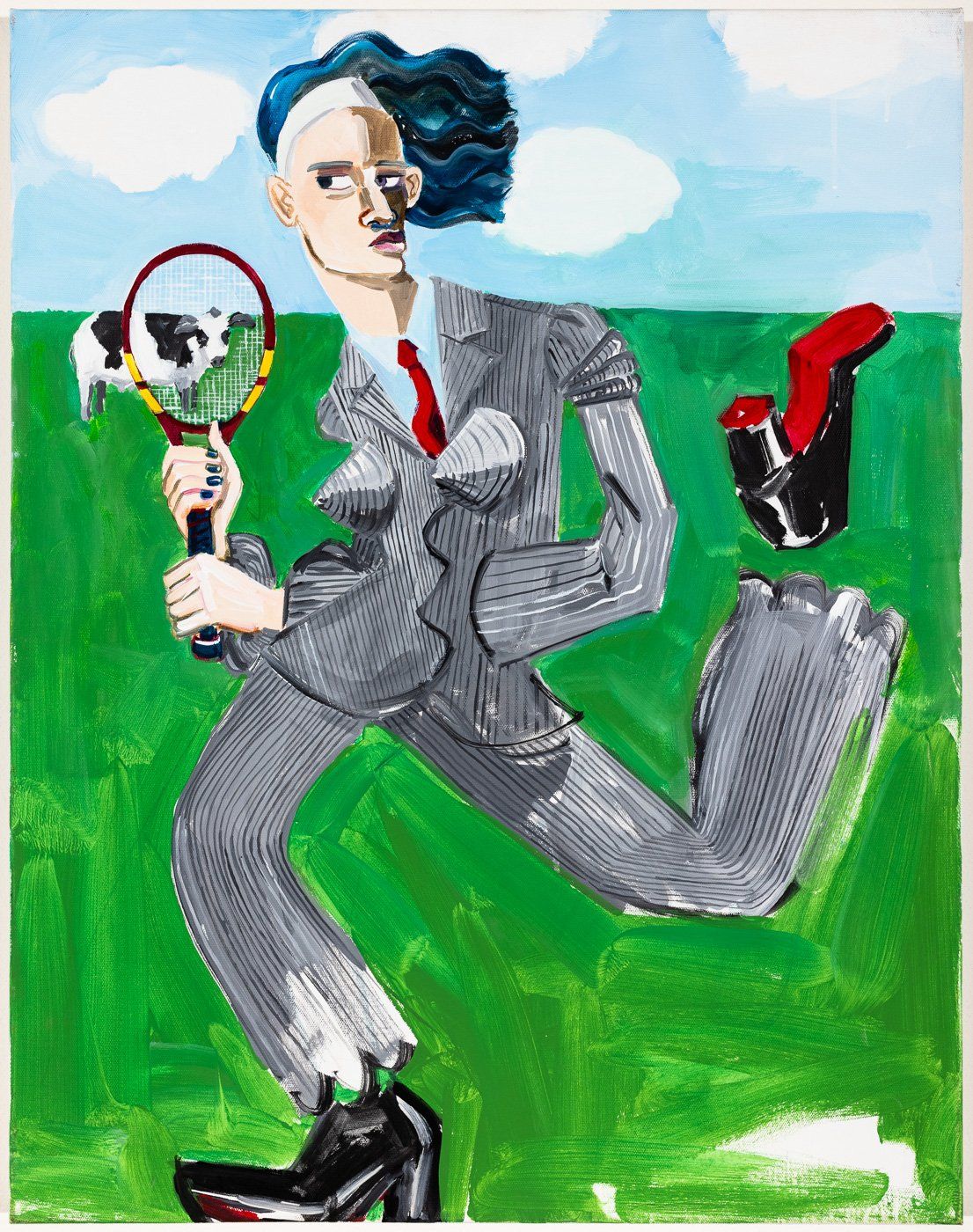 A painting of a woman in a suit holding a tennis racquet.